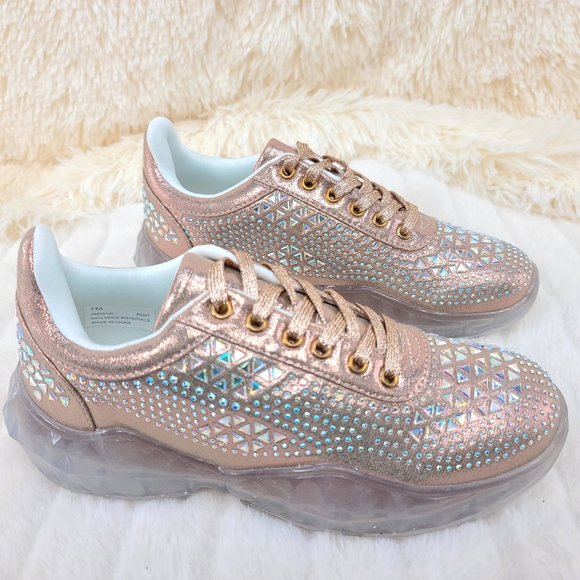 NWT Size 8/8.5 Iridescent Rhinestone and beaded Lace Up Sneakers - Picture 2 of 13